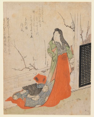 Surimono, Lady on a Terrace by Toyota Hokkei